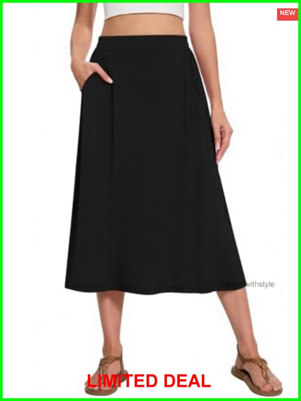 Womens Midi A-Line Skirt High Waisted Flowy Casual with Pockets